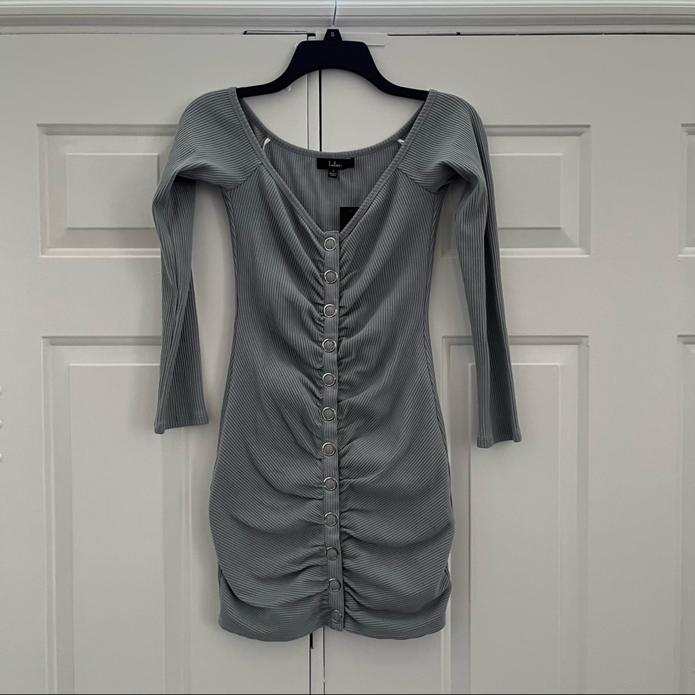 NWT Lulus Flirty Type Dusty Blue Ribbed Off-the-Shoulder Bodycon Dress